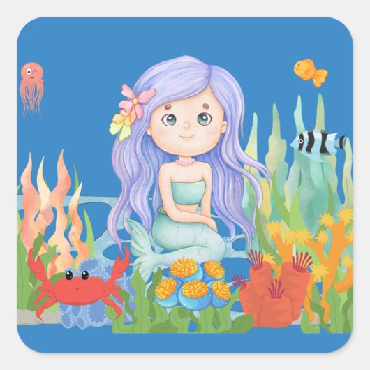 海の中の美し遊い紫の髪の人魚 スクエアシール (正面)
