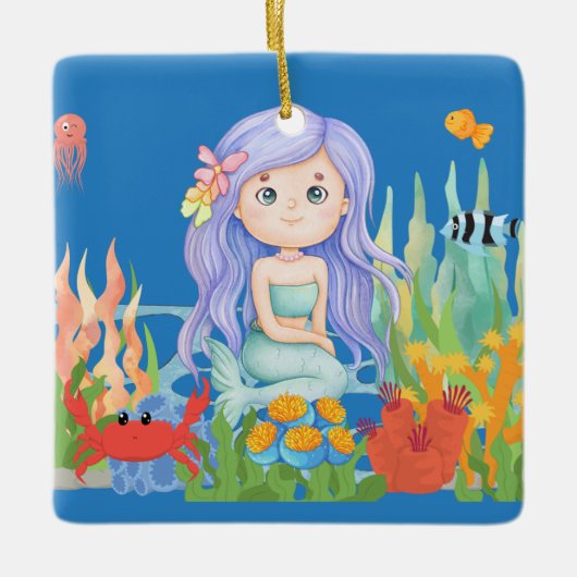 海の中の美し遊い紫の髪の人魚 セラミックオーナメント (正面)