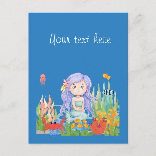 海の中の美し遊い紫の髪の人魚 ポストカード (正面)
