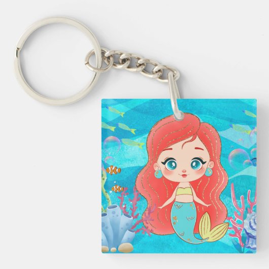 海の中の美し遊い赤毛の人魚 キーホルダー (正面)