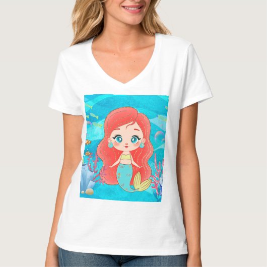 海の中の美し遊い赤毛の人魚 Tシャツ (正面)