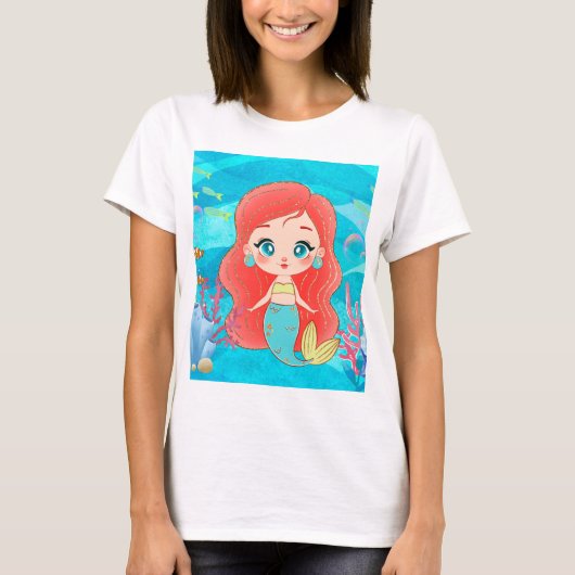 海の中の美し遊い赤毛の人魚 Tシャツ (正面)