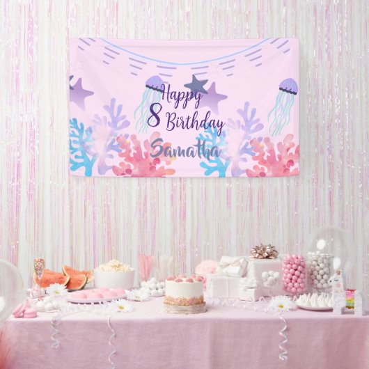 海の中の誕生日バナー ピンクとパープル 横断幕 (パーティー)