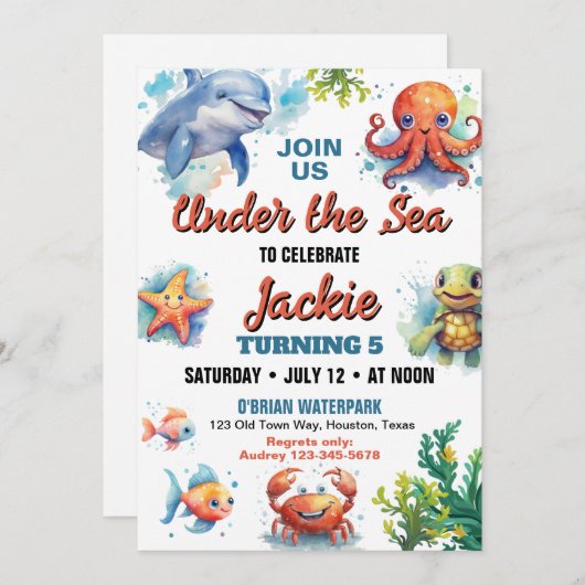 海の中の誕生日パーティー招待状 招待状 (正面/裏面)