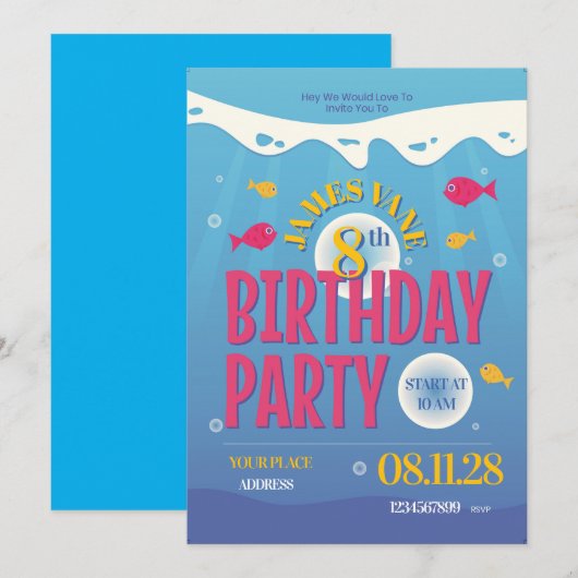 海の中の誕生日パーティー招待状 - 海の生き物たち 招待状 (正面/裏面)