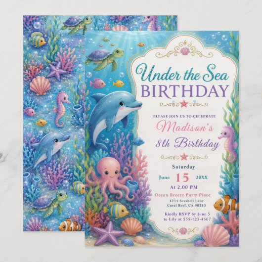 海の中の誕生日パーティー 招待状 (正面/裏面)