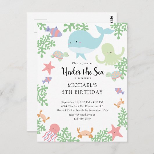 海の中の誕生日 かわいいパステルカラー クジラの招待状 ポストカード (正面/裏面)