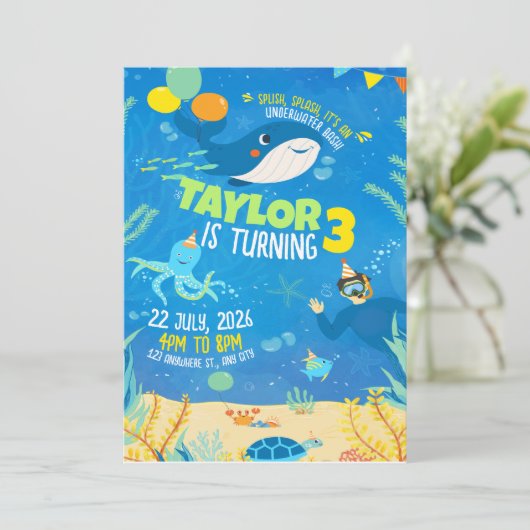 海の中の誕生日、海洋動物の誕生日パーティー 招待状 (スタンド正面)