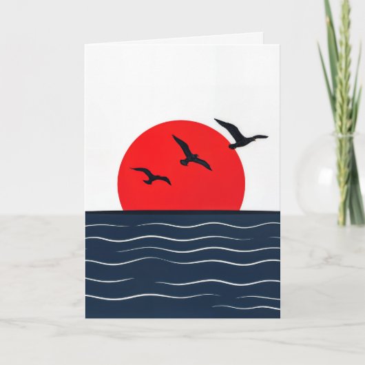 海の中の赤い太陽の上の誕生日のカモメ カード (正面)