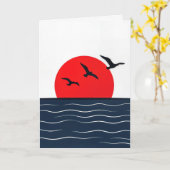 海の中の赤い太陽の上の誕生日のカモメ カード (黄色い花)