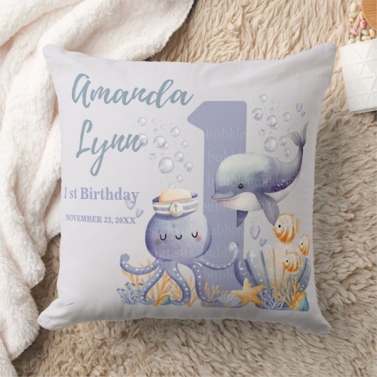 海の中の赤ちゃんの女の子 1歳の誕生日 クッション (ブランケット)