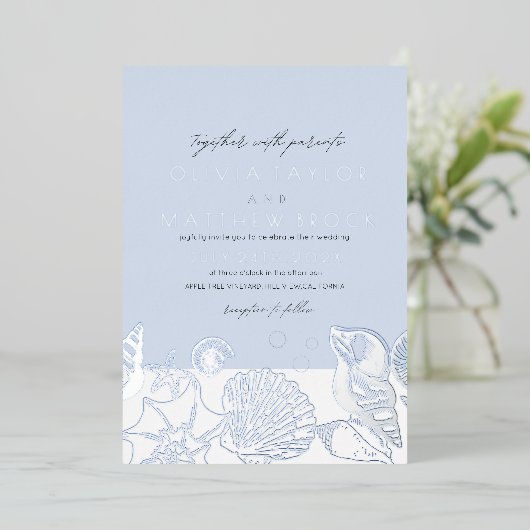 海の中の銀の青い貝殻のモダン結婚下で 箔招待状 (立ち正面)