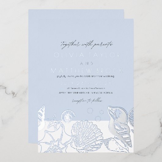海の中の銀の青い貝殻のモダン結婚下で 箔招待状 (正面/裏面)