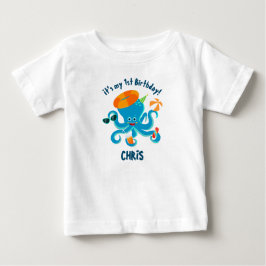 海の中の青いタコの少年誕生日パーティー ベビーTシャツ