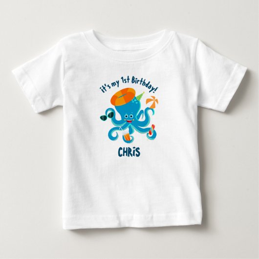 海の中の青いタコの少年誕生日パーティー ベビーTシャツ (正面)
