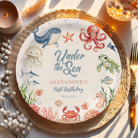 海の中の青い海洋動物の誕生日  ペーパープレート