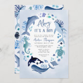 海の中の青い男の子 あほーい！ベイビーシャワー 招待状 (正面/裏面)