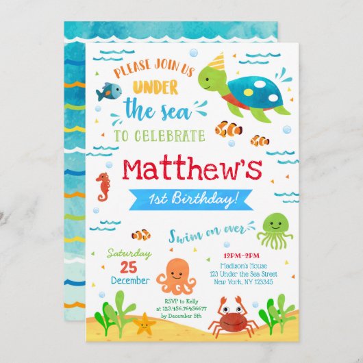海の中の魚の最初の誕生日招待状 招待状 (正面/裏面)