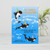 海の中の1歳の誕生日 オルカ クジラ 赤ちゃん 女の子 招待状 (スタンド正面)