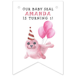 海の中の1歳の誕生日 ピンクのアザラシ バンティングフラッグ