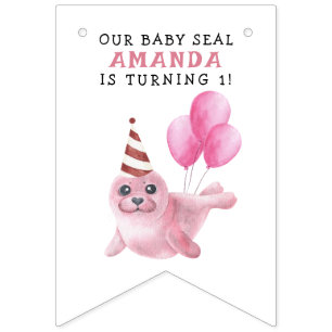 海の中の1歳の誕生日 ピンクのアザラシ バンティングフラッグ