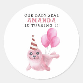 海の中の1歳の誕生日 ピンクのアザラシ ラウンドシール