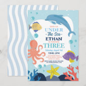 海の中の3つの海のイルカとタコのお祝い 招待状 (正面/裏面)