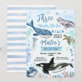 海の中の3歳の誕生日パーティー 水彩画  招待状