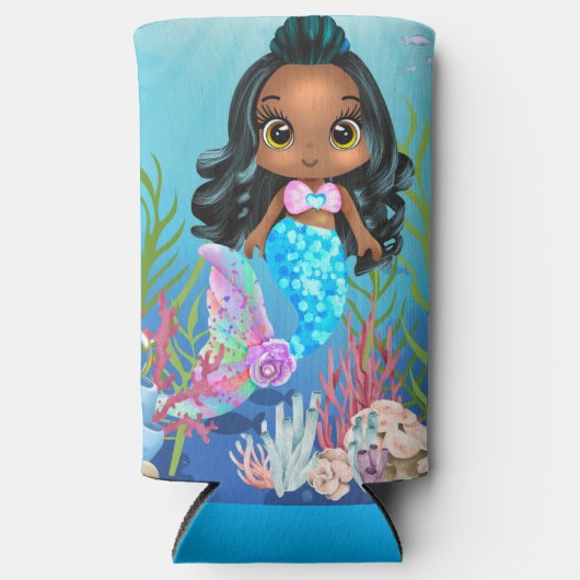 海の中遊の美しい黒の人魚 スリム缶クーラー (正面)