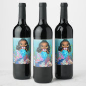 海の中遊の美しい黒の人魚 ワインラベル (ボトル)