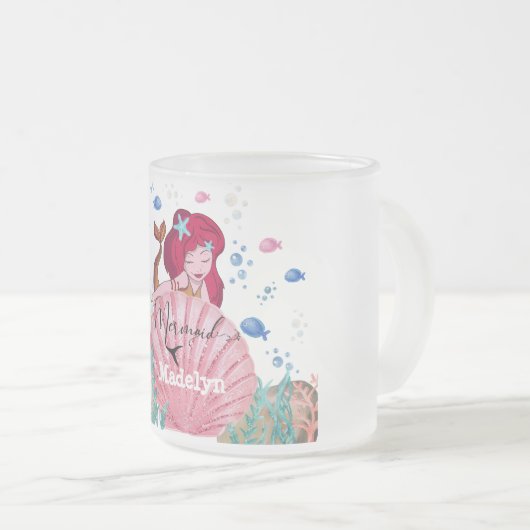 海の🧜中♀️で輝く人魚の名前をカスタムする フロストグラスマグカップ (正面右)