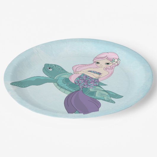 海の亀の上にすわる人魚の美しい女 ペーパープレート (アングル)