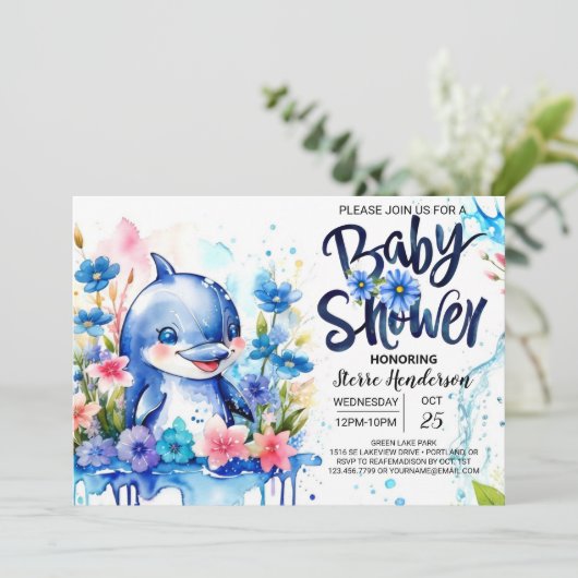 海の交響曲:イルカをテーマにした男の子の赤ちゃんシャワー 招待状 (スタンド正面)