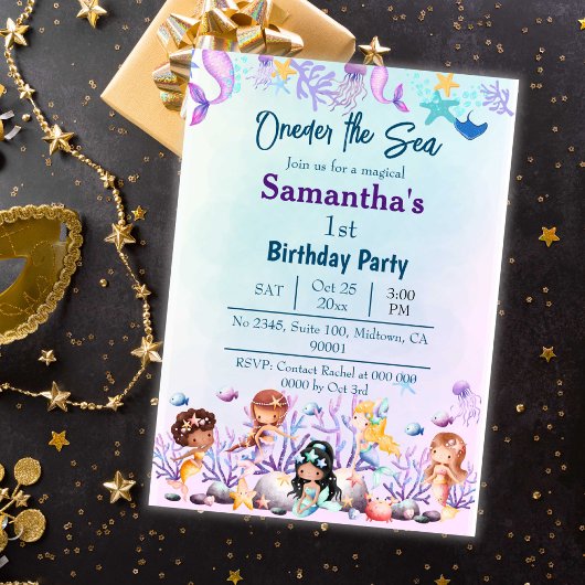 海の人魚かわいい子供たち青い第1の誕生日 招待状