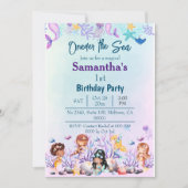 海の人魚かわいい子供たち青い第1の誕生日 招待状 (正面)