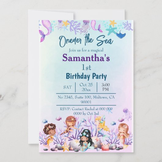 海の人魚かわいい子供たち青い第1の誕生日 招待状 (正面)