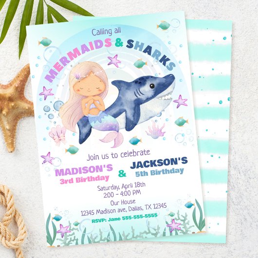 海の人魚とサメの誕生日 招待状