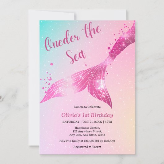 海の人魚のベビーガールの下で1st誕生日 招待状 (正面)