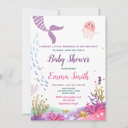 海の人魚のベビーシャワーの招待状の女の子の下 招待状 (正面)