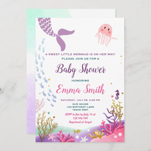 海の人魚のベビーシャワーの招待状の女の子の下 招待状 (正面/裏面)