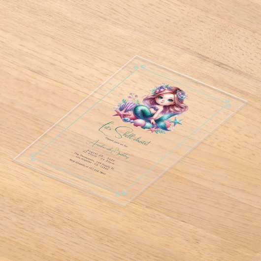 海の人魚の下で貝打ちしよう誕生日 アクリル招待状 (レイダウン)