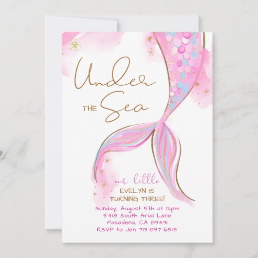海の人魚の下のピンクの人魚の誕生日パーティー 招待状 (正面)