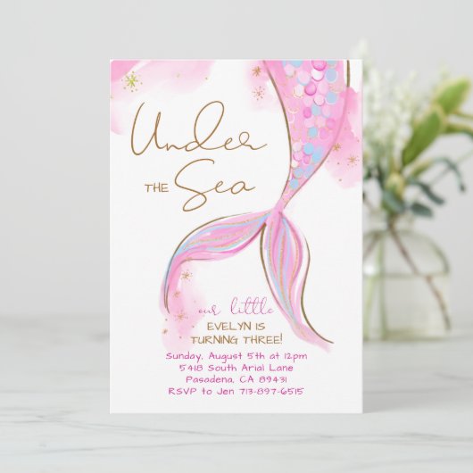 海の人魚の下のピンクの人魚の誕生日パーティー 招待状 (スタンド正面)