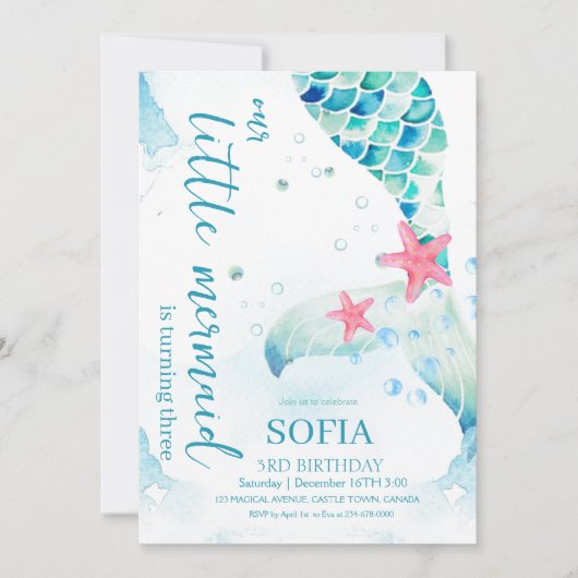 海の人魚の下の人魚の誕生日パーティー 招待状 (正面)