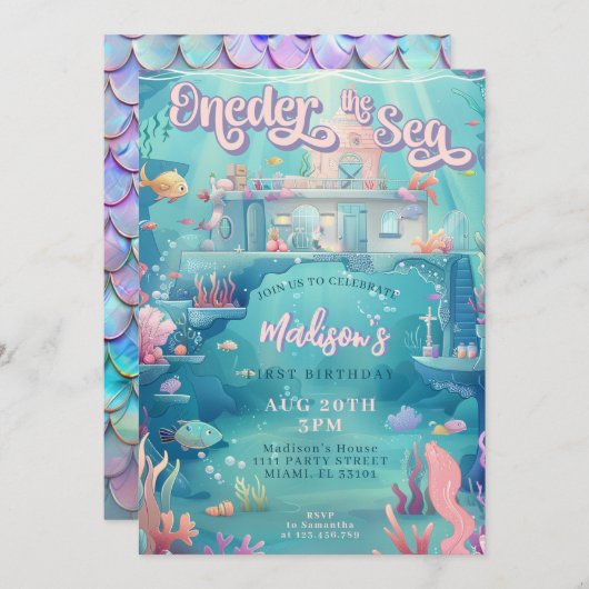 海の人魚の城1st誕生日パーティー 招待状 (正面/裏面)