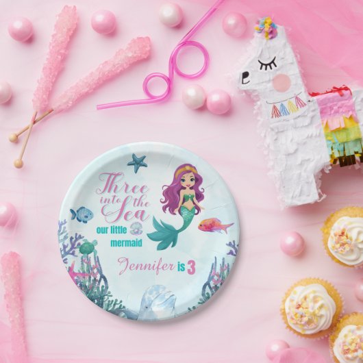 海の人魚の女の子に3歳の誕生日 ペーパープレート (パーティー)