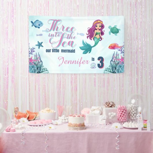 海の人魚の女の子に3歳の誕生日 横断幕 (パーティー)