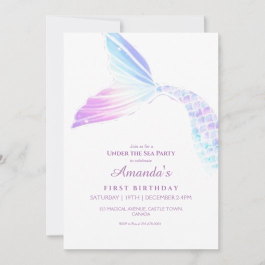 海の人魚の尾の誕生日パガーリーーティーの下 招待状 (正面)