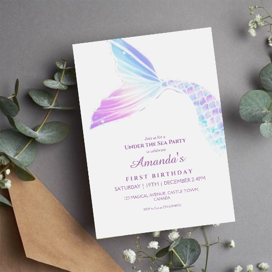 海の人魚の尾の誕生日パガーリーーティーの下 招待状
