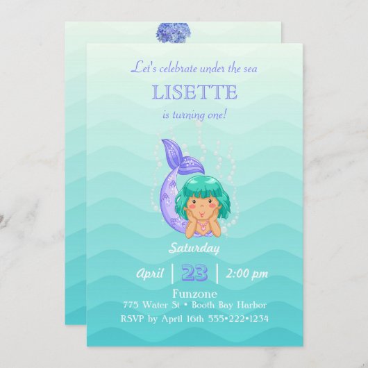 海の人魚の泡小さな女の子の下 招待状 (正面/裏面)